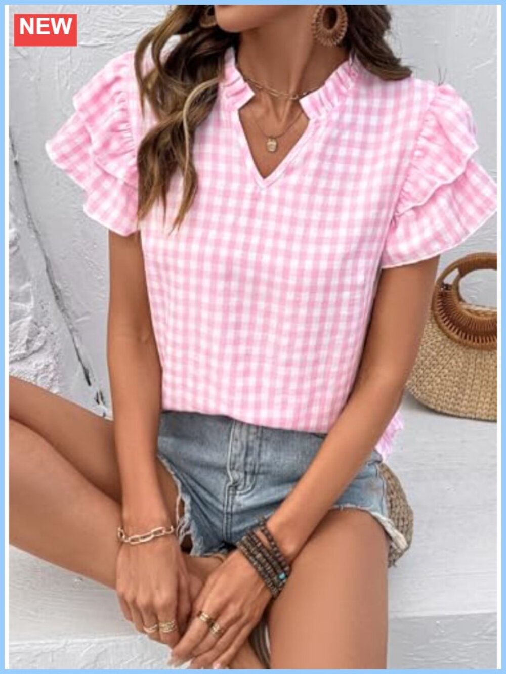 V Neck Ruffle Sleeve Peplum Blouse Gingham Plaid Cotton Blend Top - Picture 5 of 5